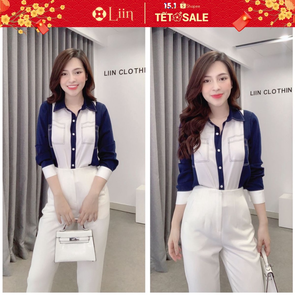 Áo Sơ Mi thiết kế cách điệu màu Trắng Xanh kiểu dáng trẻ trung, thanh lịch Liin Clothing SM3808