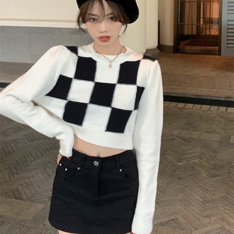 Áo croptop dệt kim tay dài cổ tròn phong cách thời trang hàn quốc dành cho nữ