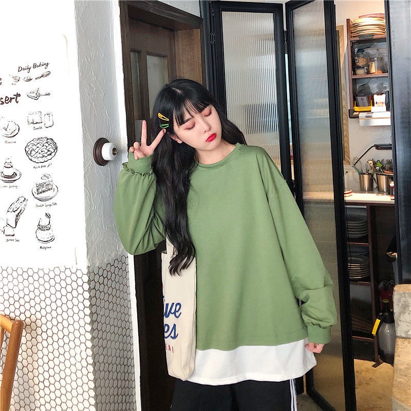 ZHELIHANGFEI Áo Thun Tay Dài Giả Hai Lớp Phong Cách Preppy Dễ Phối Đồ