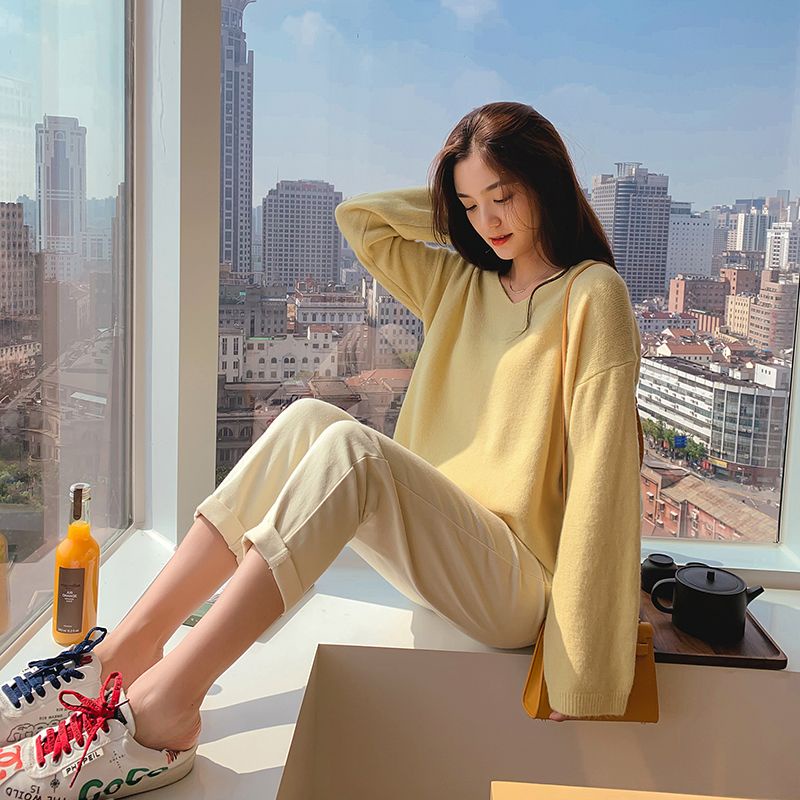 Áo Sweater Dệt Kim Cổ Chữ V Dáng Rộng Phong Cách Hàn Quốc Thời Trang Mùa Thu Cho Nữ