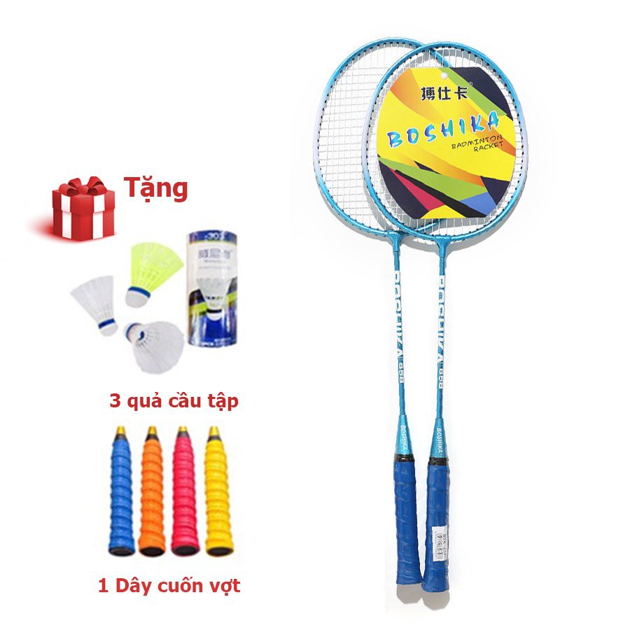 Vợt cầu lông hợp kim nhôm BOSHIKA cặp 2 vợt cầu lông tặng kèm 3 quả cầu lông