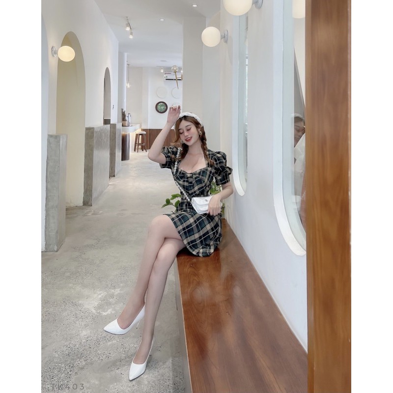 Đầm tay bồng nơ ngực caro xinh xắn | BigBuy360 - bigbuy360.vn