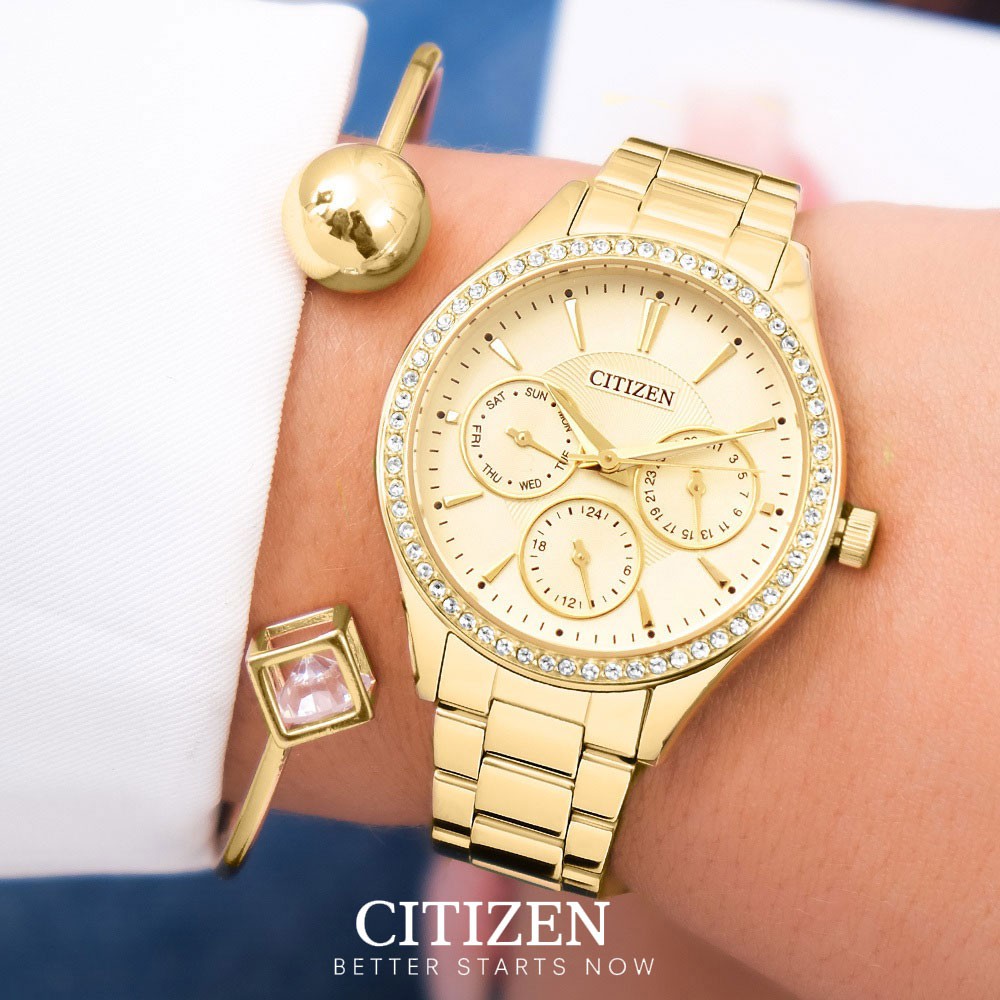 Đồng Hồ Nữ Citizen Đính Đá Swarovski Dây Thép Không Gỉ ED8162-54P - Mặt Vàng