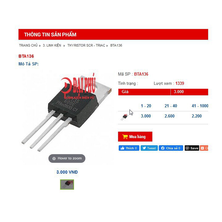 linh kiện TRIAC BT136 GÓI 5CON