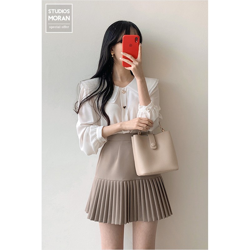 Set áo sơ mi MORAN cổ bẻ búp bê+ Chân váy xòe ngắn xếp ly tiểu thư thanh lịch