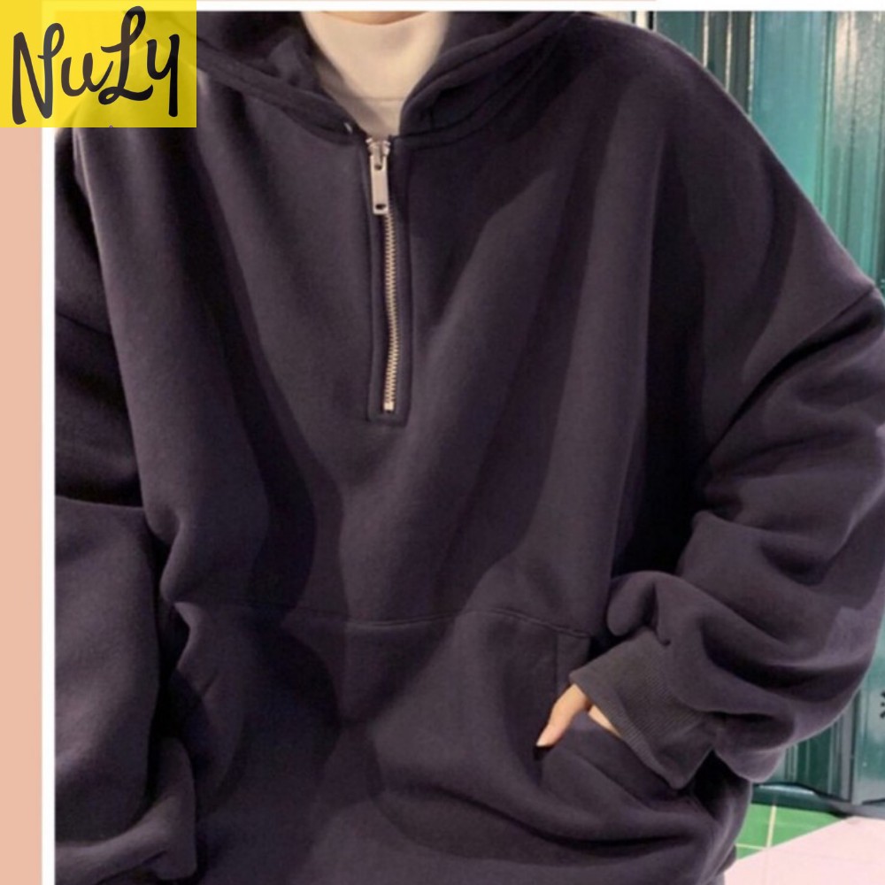 Áo Hoodie Nỉ Bông, Form Rộng Ulzzang Phối Khóa Kéo Cổ Độc Đáo NULY, HDKC