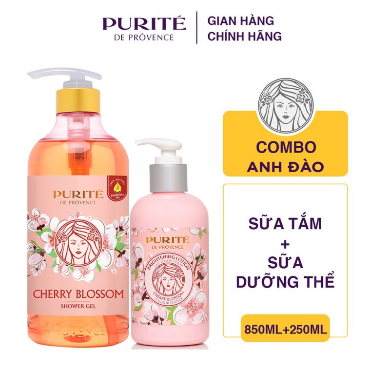 Combo Sữa tắm Purité Hoa Anh Đào 850ml + Sữa dưỡng thể Purité Hoa Anh Đào 250ml