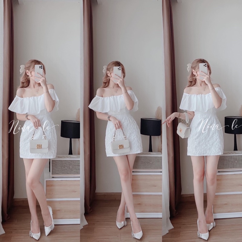 Đầm gấm bệt vai bèo ngực