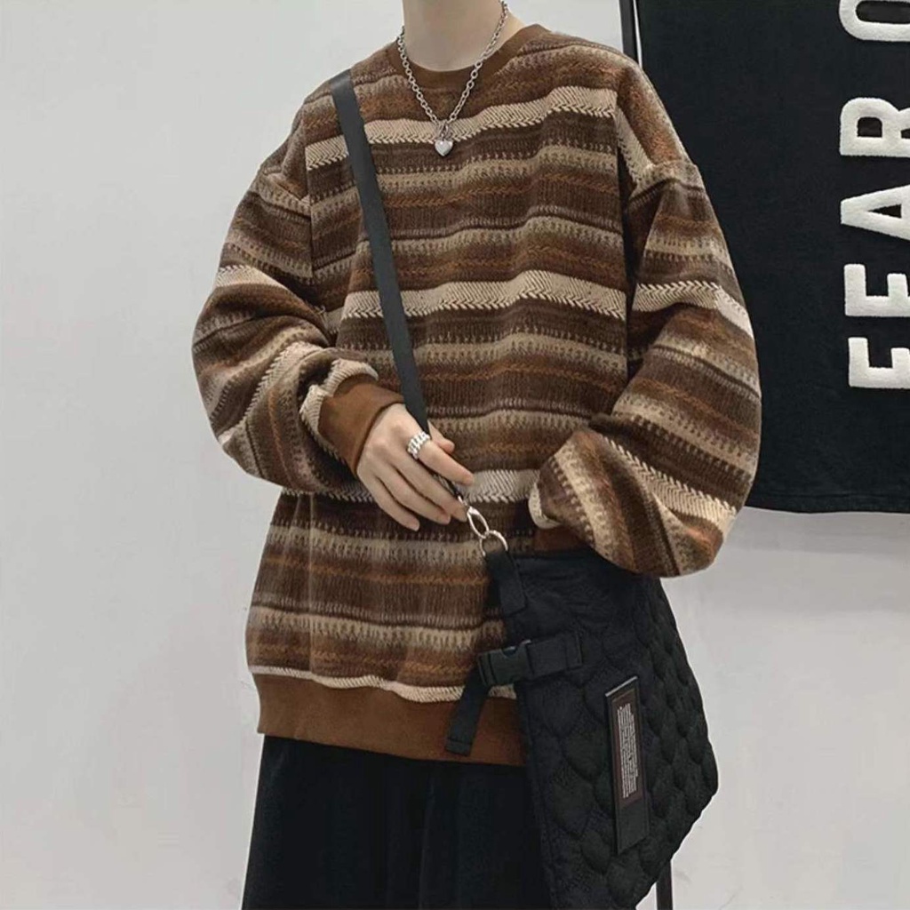 Áo Sweater Dáng Rộng Cổ Tròn Họa Tiết Kẻ Sọc Phong Cách Vintage Hàn Quốc Cho Nam