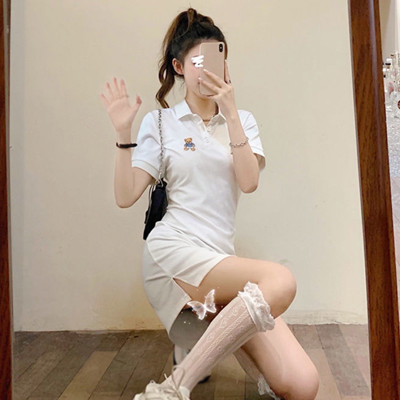 Đầm Thun Tay Ngắn Cổ Bẻ Thêu Hình Gấu Dễ Thương Cho Nữ