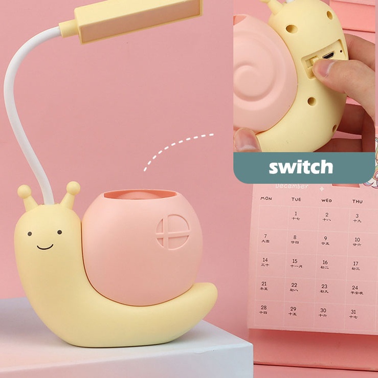 Đèn học để bàn hình chú ốc sên dễ thương kèm ống bút đèn LED ánh sáng vàng bảo vệ mắt dùng cho phòng làm việc phòng ngủ