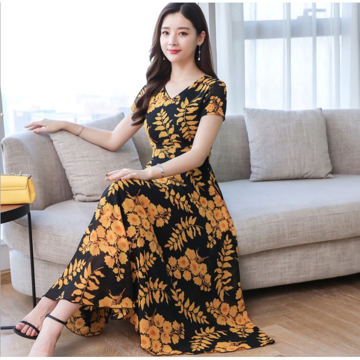 Đầm maxi Cổ Tròn Tay Ngắn Dáng Rộng In Họa Tiết Hoa Thời Trang Mùa Hè Cho Nữ C3C1