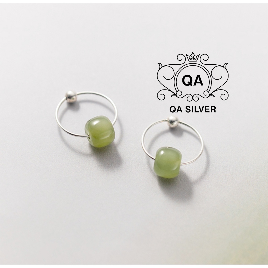 Khuyên tai bạc 925 tròn mặt đá xanh bông nữ tối giản S925 JADE QA SILVER Earrings EA220709