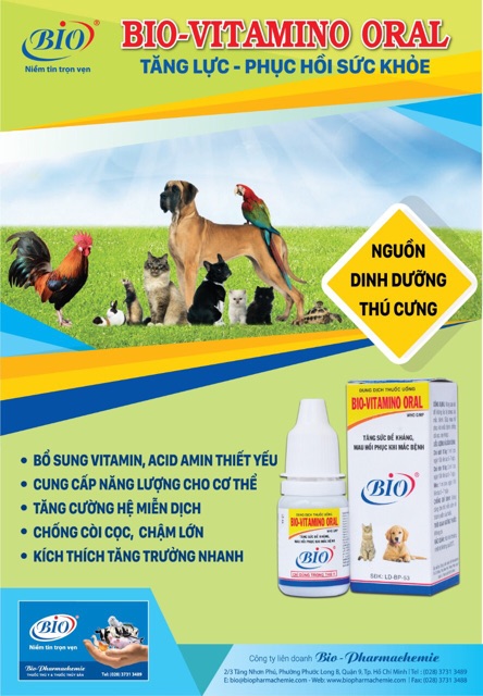 BIO- VITAMIN ORAL 10ml. Tăng sức đề kháng- Hồi phục sức khoẻ cho gà đá, chó mèo, chim cảnh