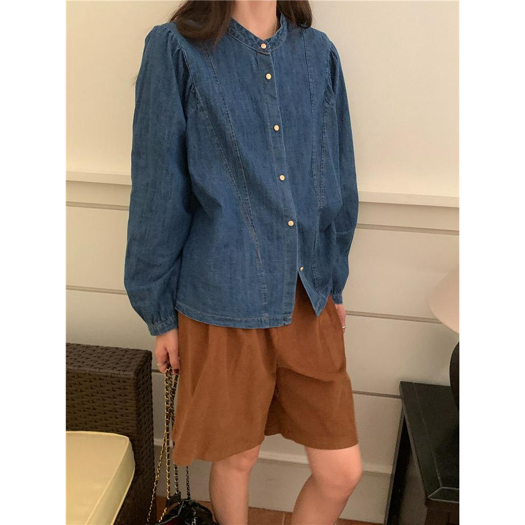 Áo Sơ Mi denim Tay Dài Cổ Đứng Phối Nút Kim Loại Phong Cách retro 67785