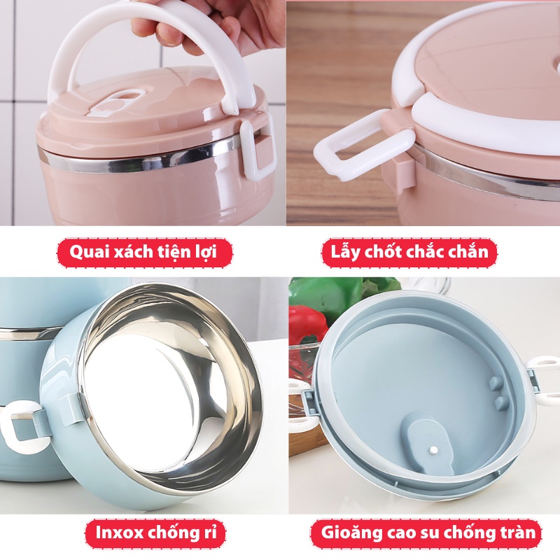 Cặp lồng đựng cơm giữ nhiệt lúa mạch 3 lớp, ruột inox chất lượng cao, tặng kèm bộ dụng cụ ăn uống