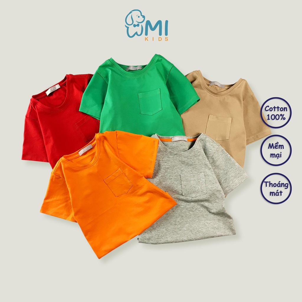 Áo thun bé trai bé gái ngắn tay có túi, chất cotton co giãn mềm mịn thoáng mát MiauKids cho bé 9kg đến 26kg