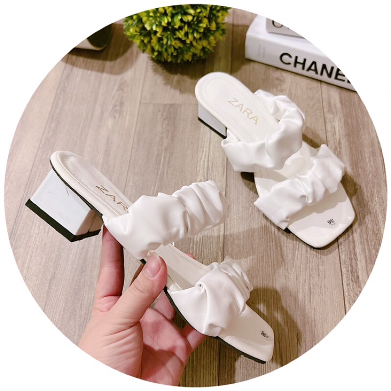 Dép 2 quai nhún da lì gót vuông 4 phân dễ đi