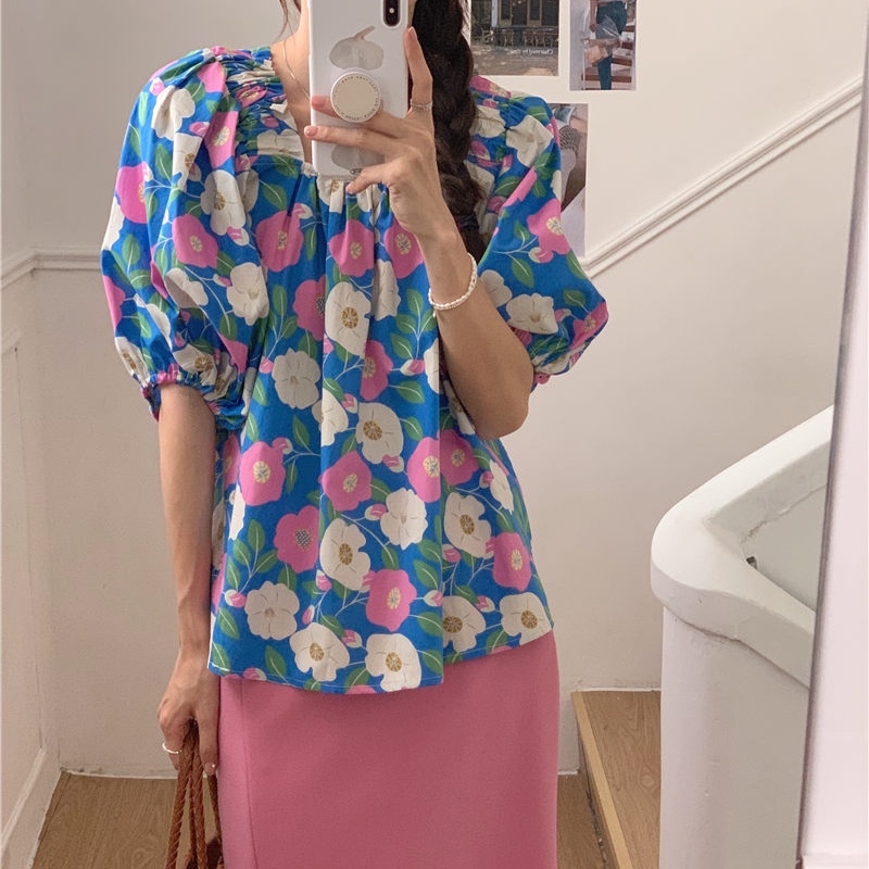 SUXI Áo Kiểu Cổ Vuông Tay Ngắn Dáng Rộng In Họa Tiết Hoa Phong Cách Hàn Quốc Xinh Xắn