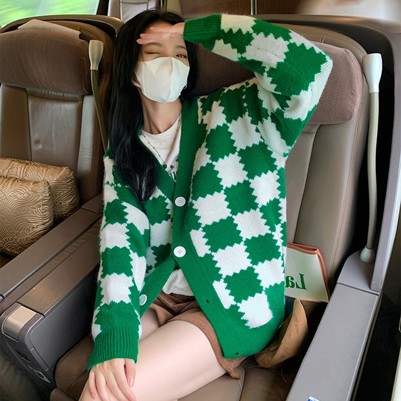 Áo cardigan len nữ họa tiết ô vuông bàn cờ ziczac Quảng châu dày dặn khoác ngoài form rộng màu xanh lá đen Kozoda AC47