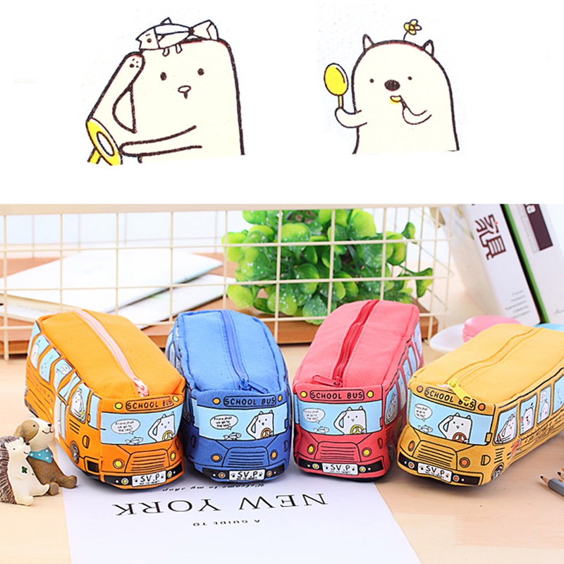 Bóp Viết Vải Canvas Đa Năng Có Khóa Kéo In Hình Xe Buýt Dễ Thương