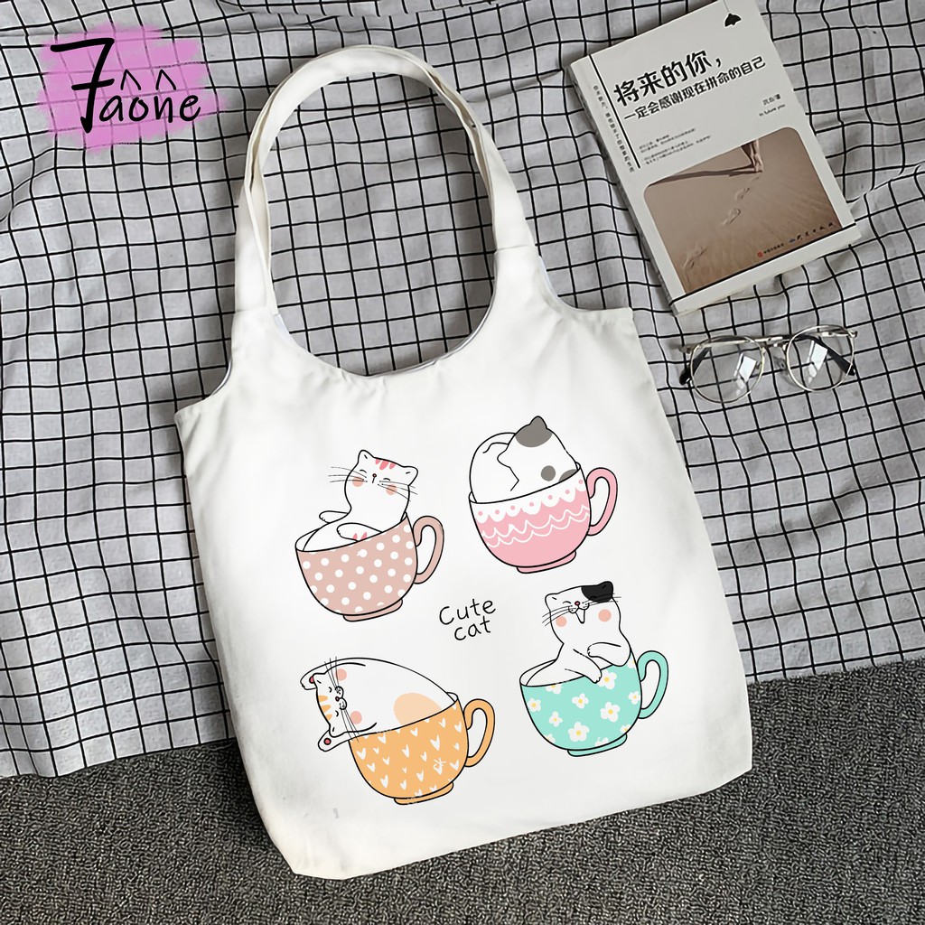 TÚI VẢI QUAI TRÒN CAT MEO MEO TOTE ĐEO VAI CÓ TÚI CON VẢI CANVAS