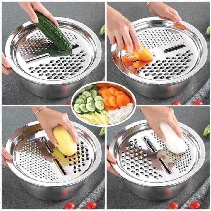 BỘ CHẬU, RỔ,  NẠO RAU CỦ BÀO SỢI INOX 3 IN 1