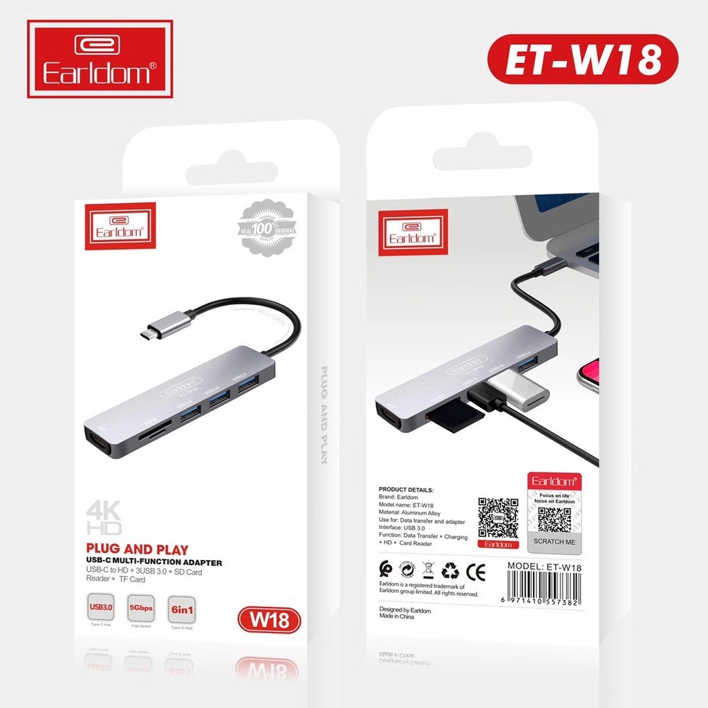 Bộ Hub thiết bị cáp chia chuyển đổi cổng USB type C 6 in 1 type c ra sang 6 cổng to HDMI USB SD TF Earldom W18