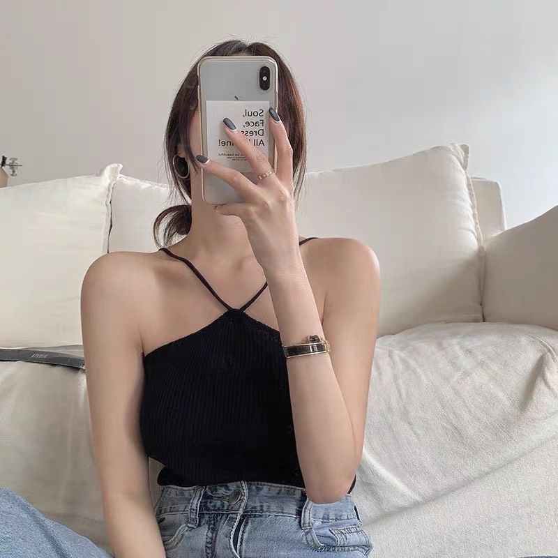 Áo Croptop Yếm Hai Dây 3 Màu Đen - Trắng - Hồng Form Nữ Basic Hàn Quốc