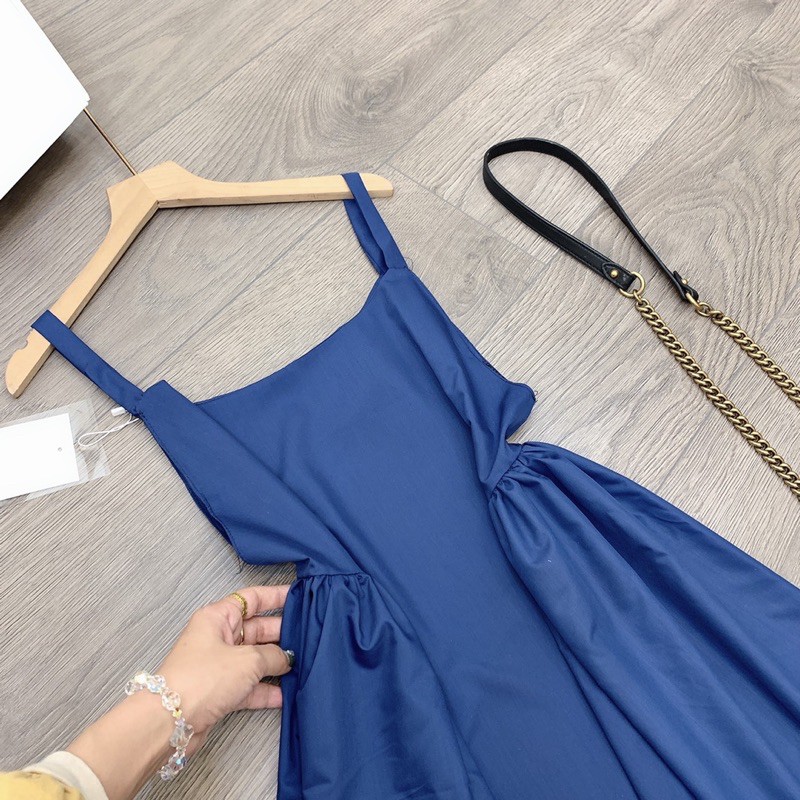 Váy maxi xanh coban , hai dây nhúm eo siêu xinh xắn chất thô mềm mặc thoải mái,thời trang nữ,đầm nữ,đầm 2 dây