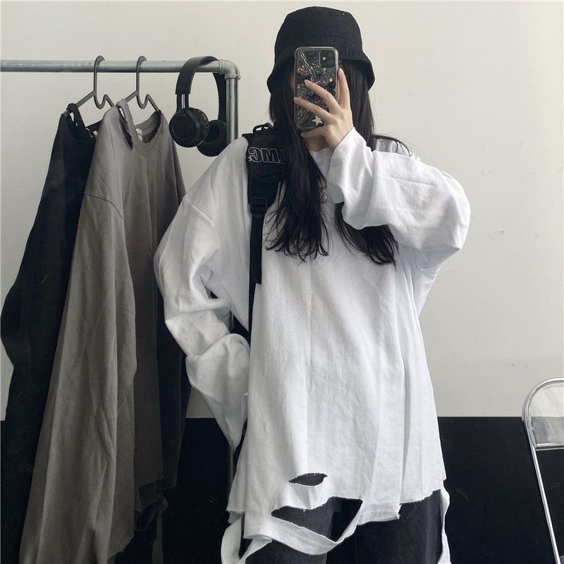 Jiashucheng Áo Thun Tay Dài Dáng Rộng Màu Trắng Rách Gối Phong Cách Hàn Quốc Thu Đông Mới Dễ Phối Đồ Cho Học Sinh Nữ @
