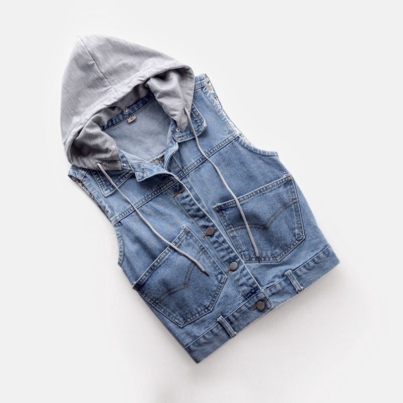 Áo khoác jean denim sát nách ngắn có nón mỏng dáng rộng đa năng thời trang xuân thu mới cho nữ 5XL | BigBuy360 - bigbuy360.vn