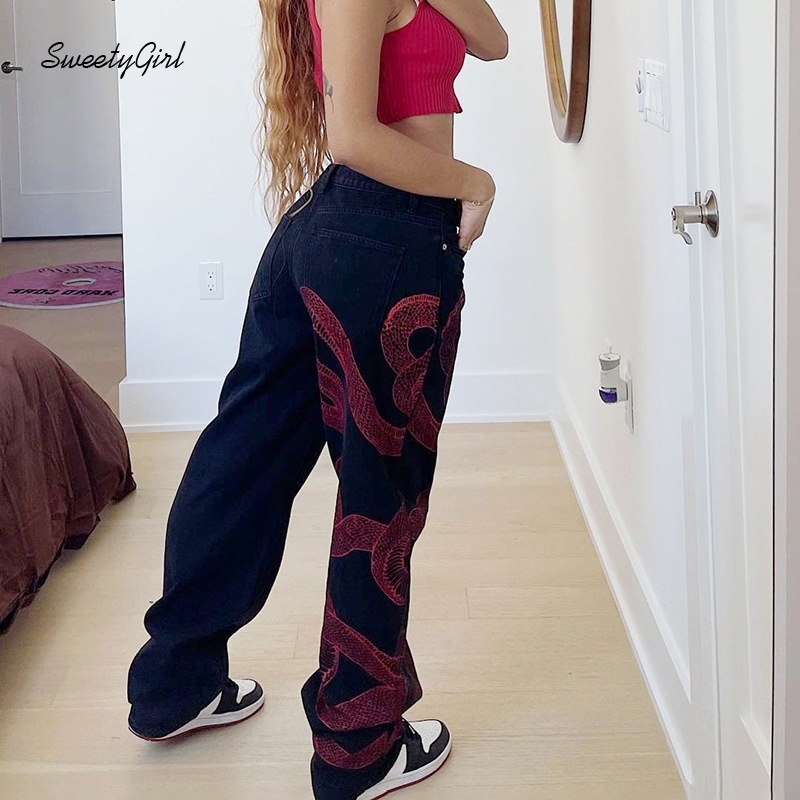 Quần jeans dài lưng cao dáng ôm in họa tiết da rắn màu sắc tương phản thời trang cho nữ