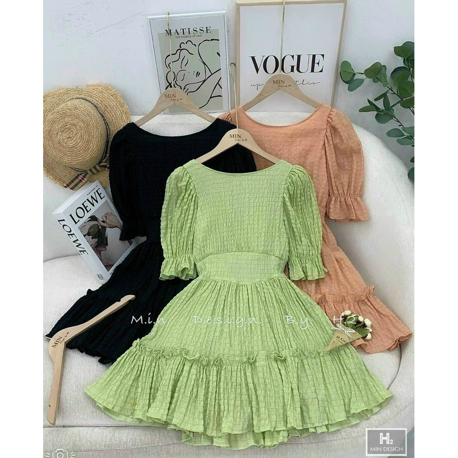 Đầm tay phồng mooking ba màu nâu đen xanh có mút có lót