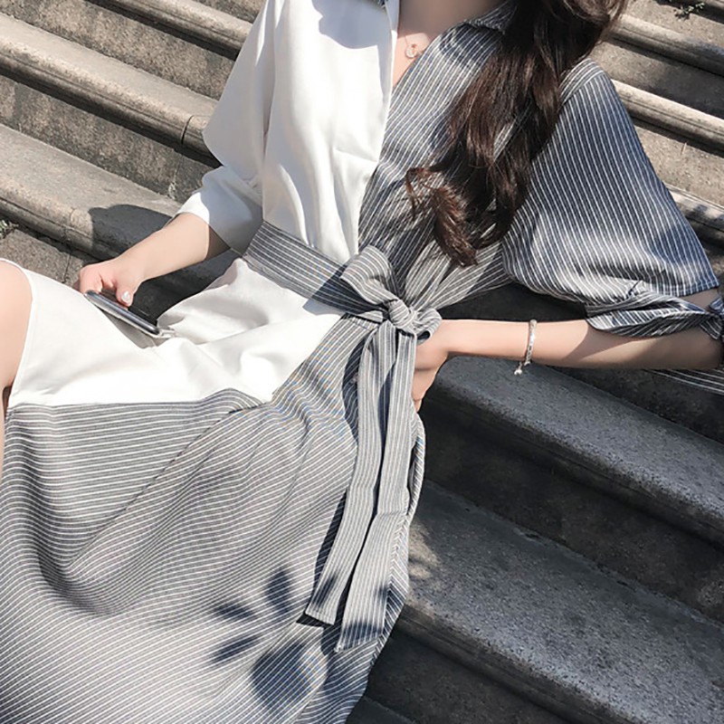 Váy tay ngắn cổ chữ V họa tiết kẻ sọc kiểu dáng thời trang dành cho nữ | BigBuy360 - bigbuy360.vn