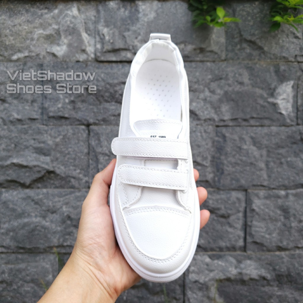 Giày lười da nữ dây dán - Chất liệu da PU 2 màu trắng full và trắng chỉ đen - Mã SP 2218