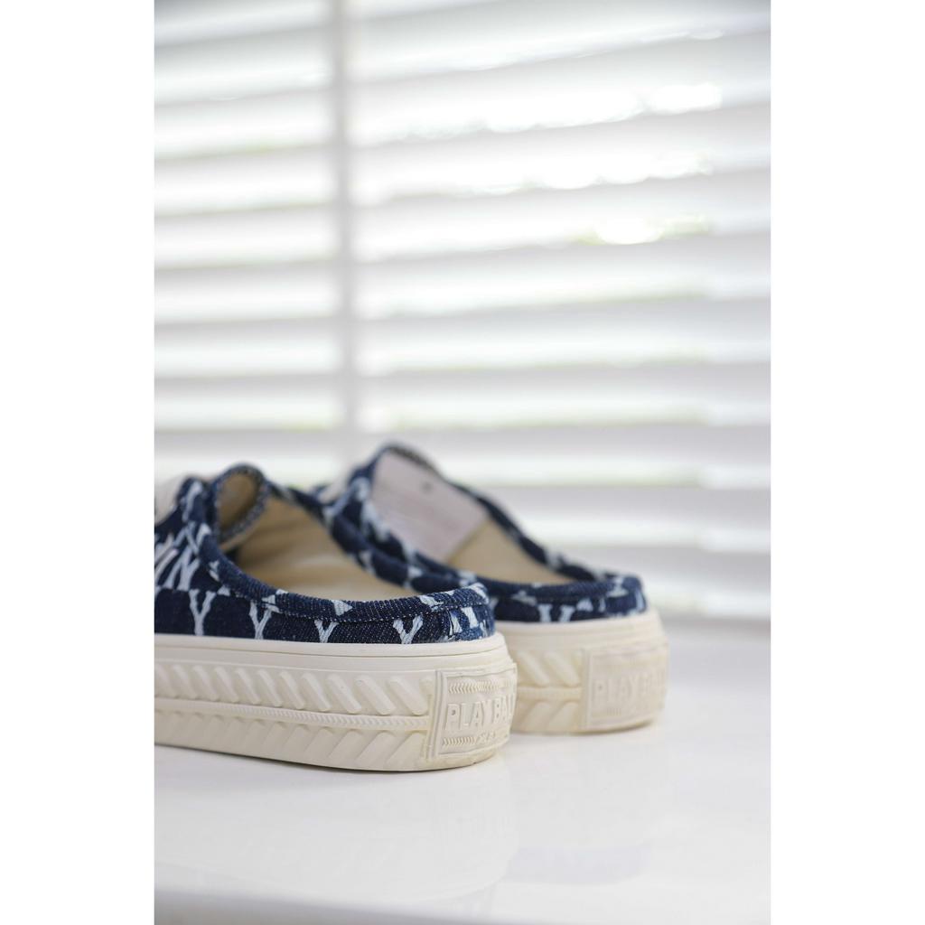Giày MLB Playball Mule Monogram denim xanh đậm chính hãng, sục MLB đế cao su 3cm tôn dáng