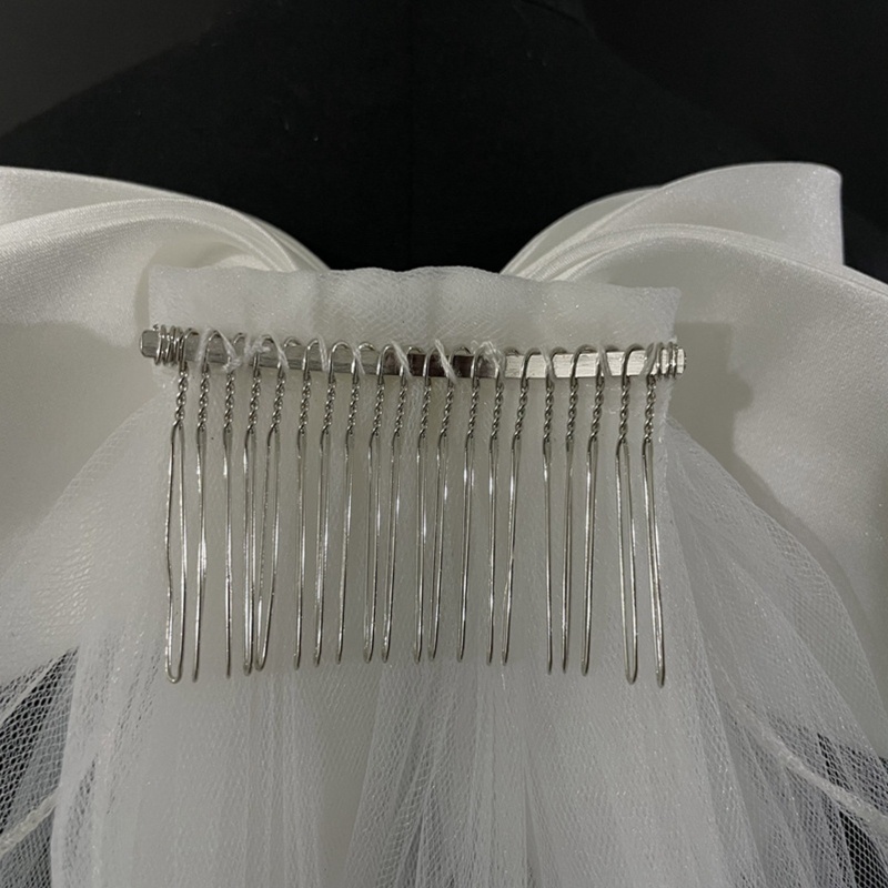 Mạng Che Mặt Cô Dâu Hai Lớp Màu Trắng Đính Nơ Kèm Lược