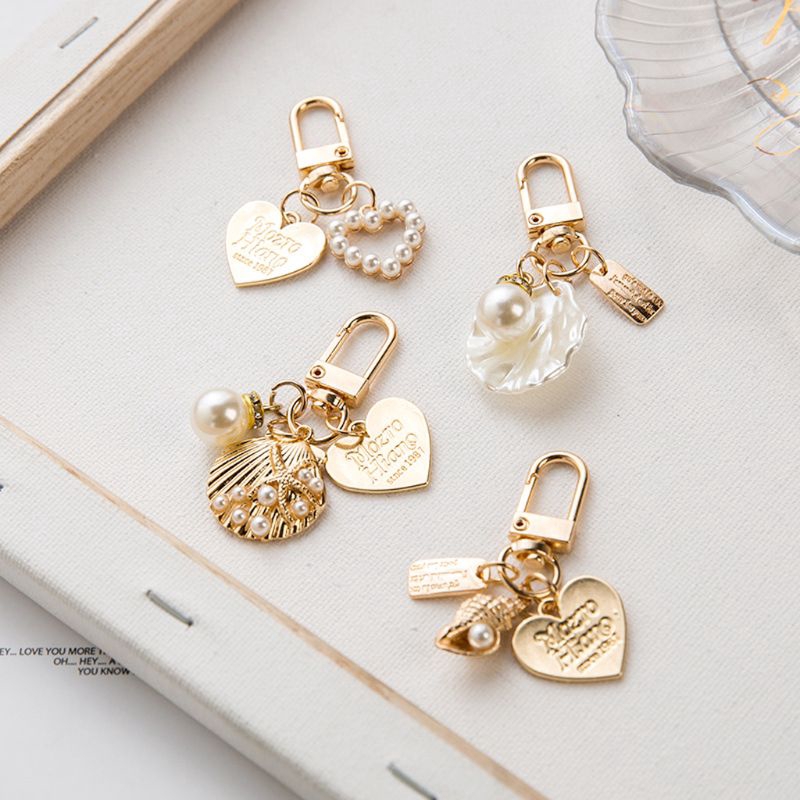 cozy* 4Pcs Love Letter Shell Conch Pearl Metal Golden Keychain Kit Bag Charm Jewelry