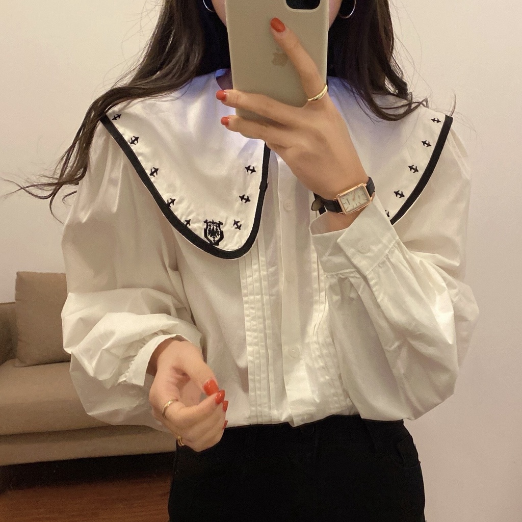 [Ảnh thật] Áo sơ mi cổ bèo xếp li ngực cách điệu họa tiết cổ áo ulzzang