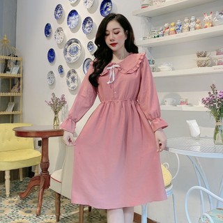 váy suông dài tay bo eo tay bo cổ sen chất tăm nhung mềm mịn