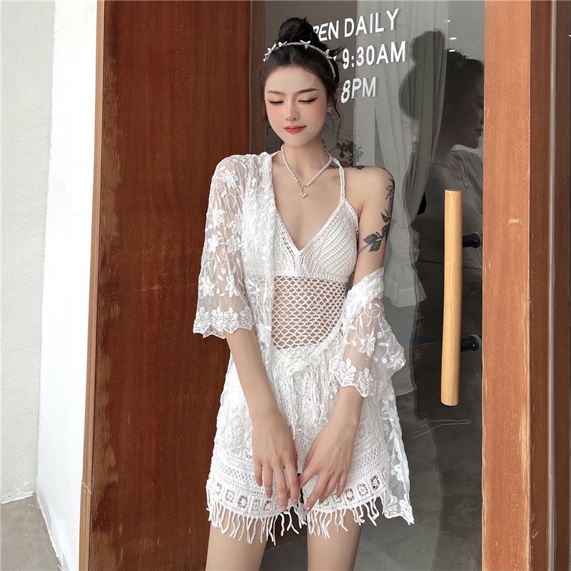 [BIKINI LEN ĐI BIỂN] Đồ bơi len 2 mảnh  tua rua đi biển che bụng màu trắng