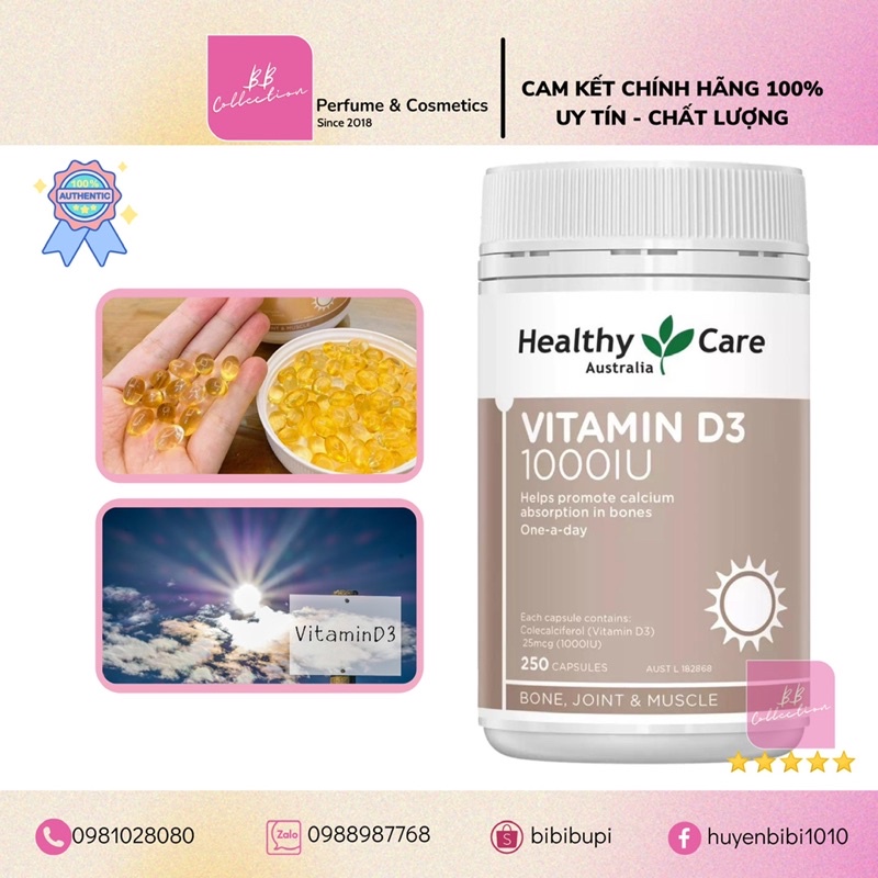 Viên uống bổ sung Vitamin D3 1000IU Healthy Care Hàng Úc Nội địa hỗ trợ hấp thụ canxi loại 500 viên, 250 viên