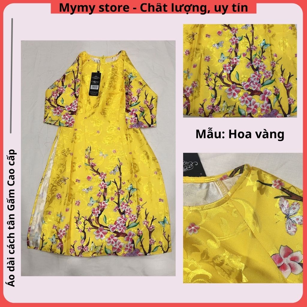 Áo dài cách tân nữ tết, áo dài gấm hoa cao cấp cổ tròn tay lỡ in họa tiết hoa cỏ mùa xuân siêu đẹp không kèm quần