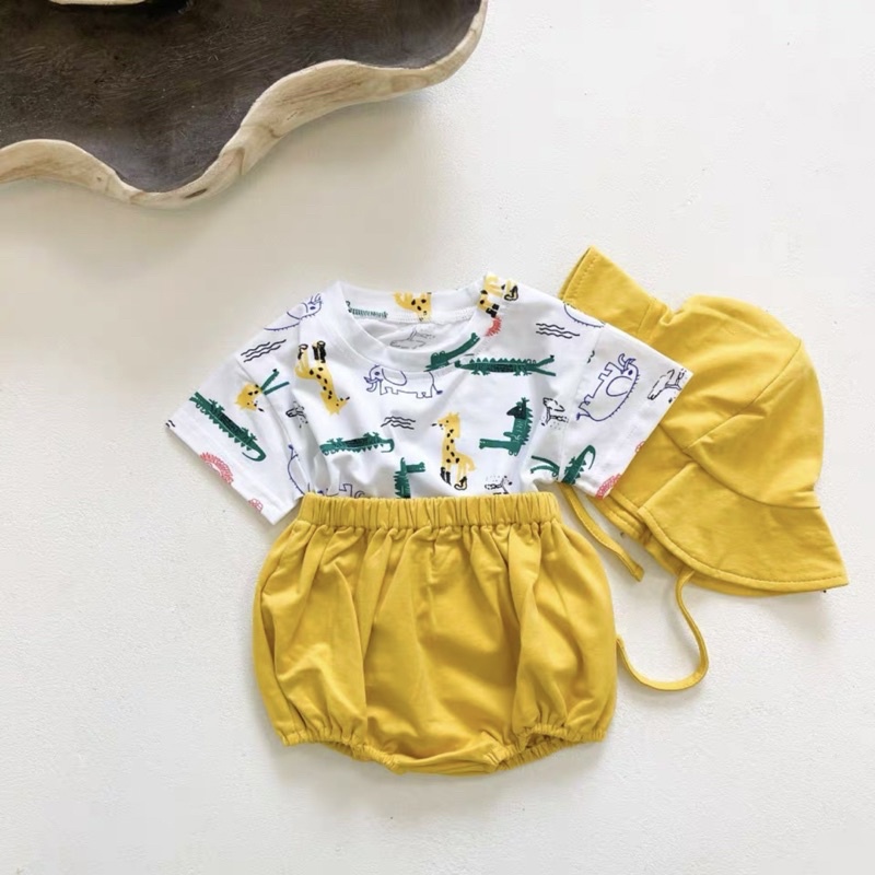 Bộ cộc tay cho bé trai bé gái , set quần áo hè trẻ em 4kg - 15kg kèm mũ chống nắng cho bé yêu