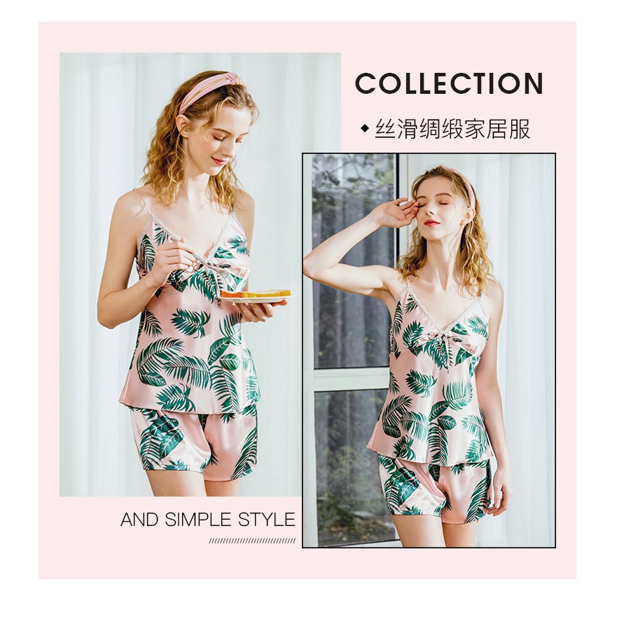 Bộ Đồ Nhà Đồ Ngủ Mặc Nhà Lụa Satin Cao cấp Hai Dây gợi cảm dễ thương hoạ tiết lá mùa hè màu hồng phấn