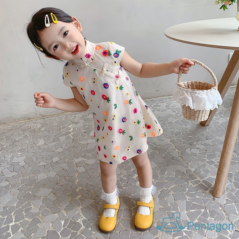 Đầm Công Chúa Sườn Xám Phối Lưới Nhiều Màu Dễ Thương Phong Cách Trung Hoa Cho Bé Gái