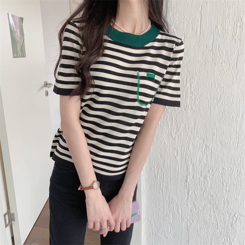 Áo Sweater Dệt Kim Phối Màu Tương Phản Có Túi Nhỏ Họa Tiết Kẻ Sọc Màu Tương Phản Phong Cách Hàn Quốc Mới