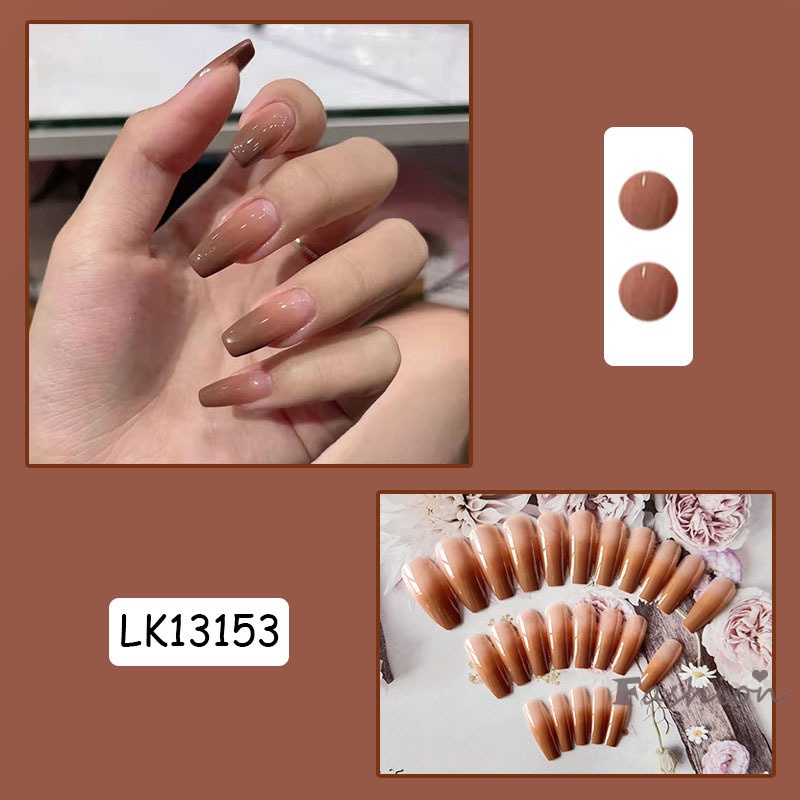Bộ 24 Móng Tay Giả Đầu Nhọn Dài Màu Nâu Gradient