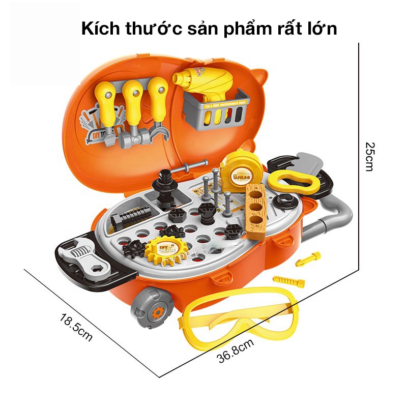 Bộ đồ chơi dụng cụ sửa chữa cho bé có kìm, búa, vít, khoan ... kèm vali đựng kéo nhựa nguyên sinh an toàn